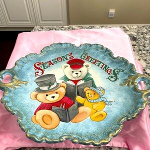 EUC VTG HANDMADE CERAMIC CHRISTMAS PLATTER IN BLUE WITH 2 HANDLES